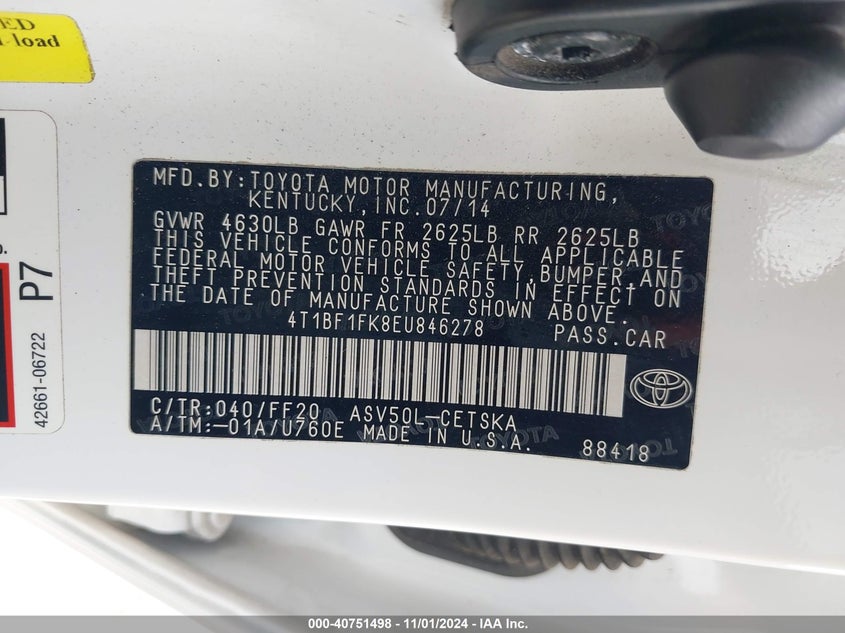 2014 TOYOTA CAMRY VIN: 4T1BF1FK8EU846278