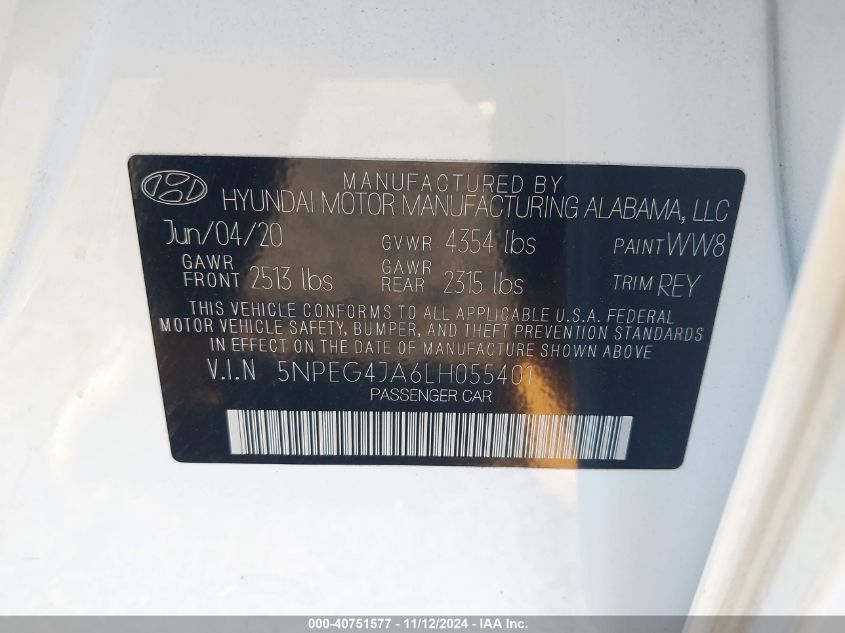 2020 Hyundai Sonata Se VIN: 5NPEG4JA6LH055401 Lot: 40751577