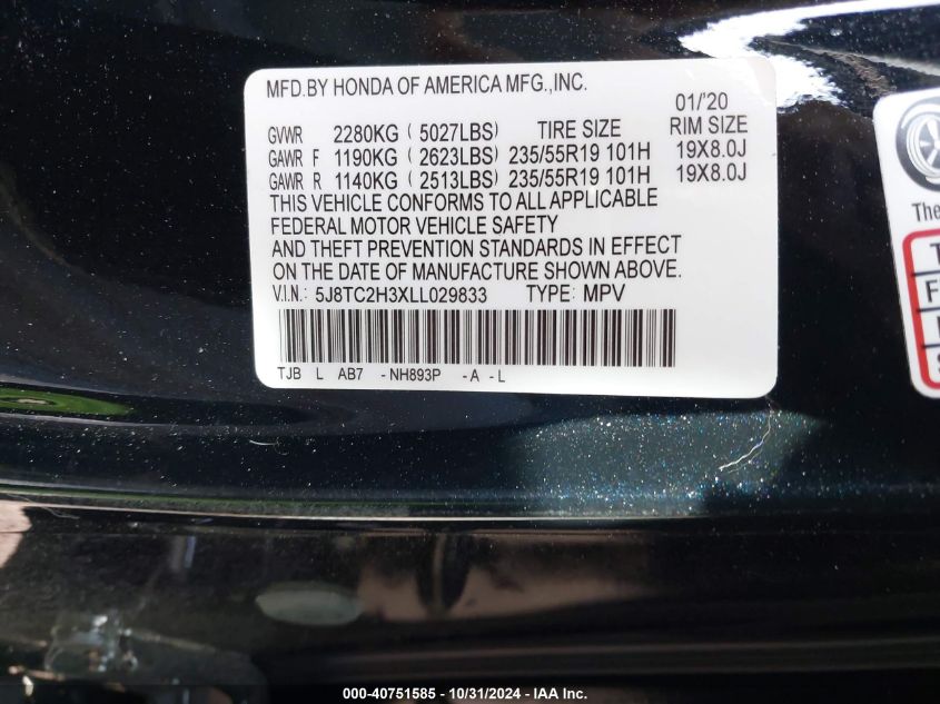 2020 Acura Rdx Standard VIN: 5J8TC2H3XLL029833 Lot: 40751585