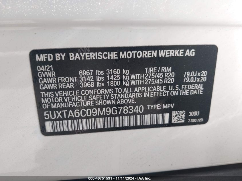 2021 BMW X5 Phev xDrive45E VIN: 5UXTA6C09M9G78340 Lot: 40751591