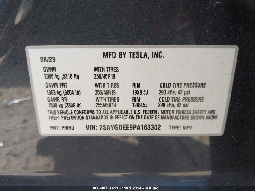 2023 Tesla Model Y Awd/Long Range Dual Motor All-Wheel Drive VIN: 7SAYGDEE9PA163302 Lot: 40751613