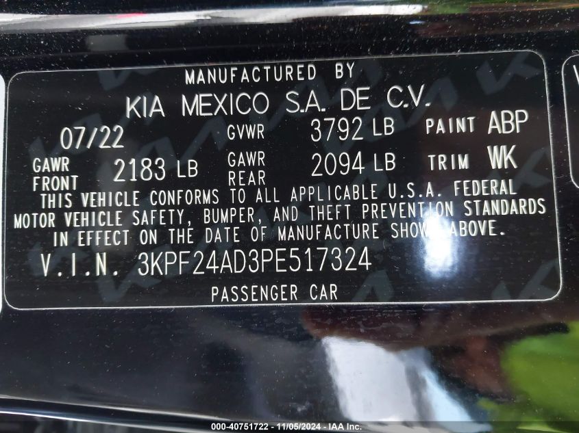 2023 Kia Forte Lxs VIN: 3KPF24AD3PE517324 Lot: 40751722