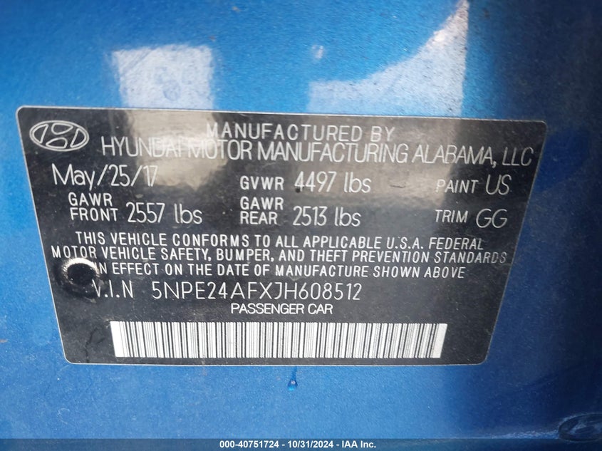 VIN 5NPE24AFXJH608512 2018 HYUNDAI SONATA SE