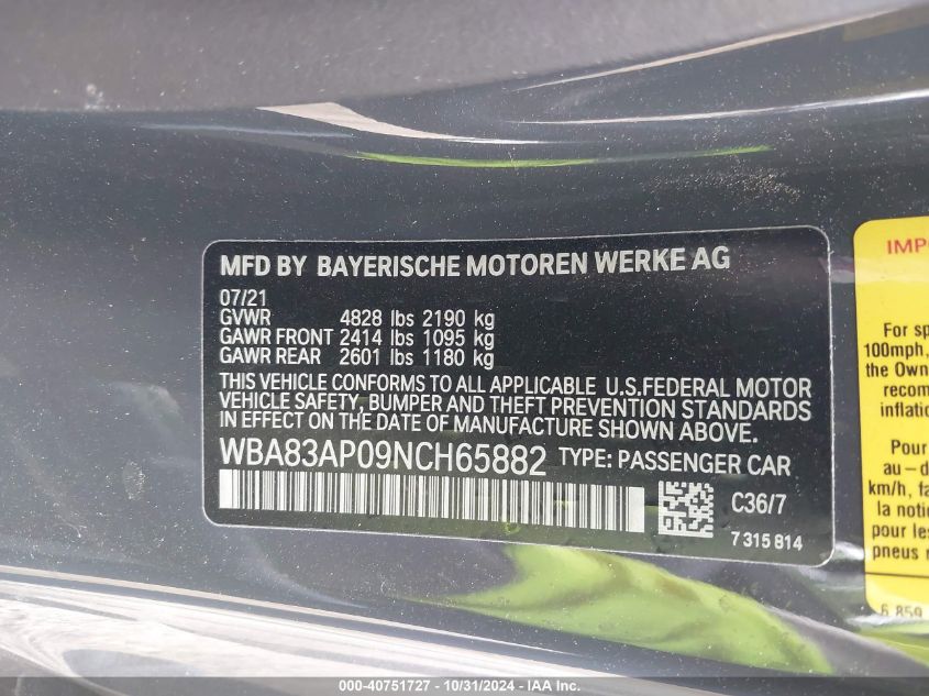 2022 BMW M440I VIN: WBA83AP09NCH65882 Lot: 40751727