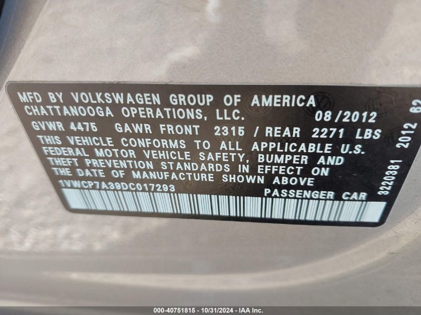 2013 VOLKSWAGEN PASSAT 2.5L SEL - 1VWCP7A39DC017293