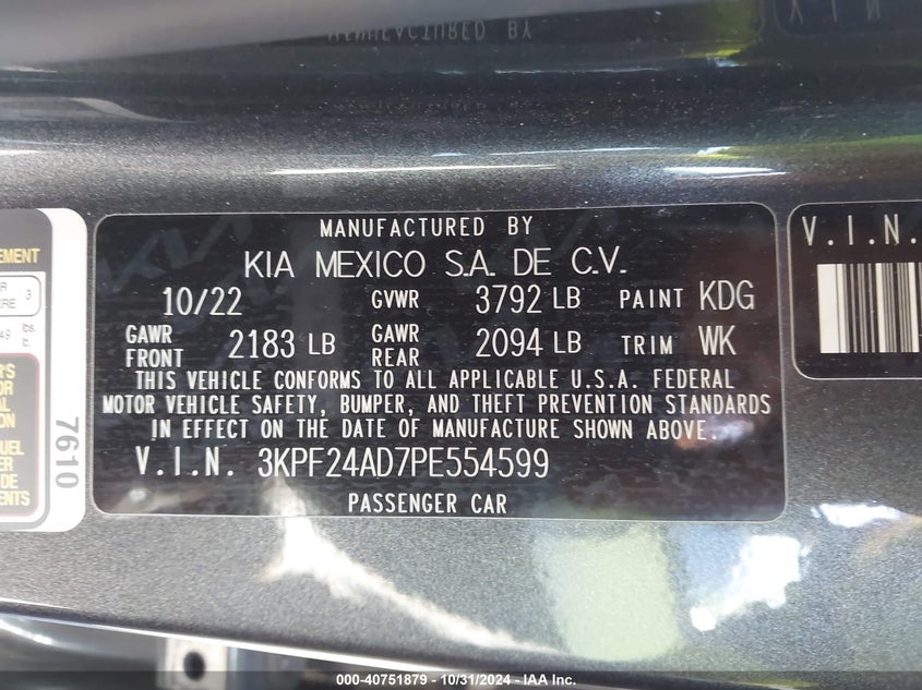VIN 3KPF24AD7PE554599 2023 KIA FORTE LXS