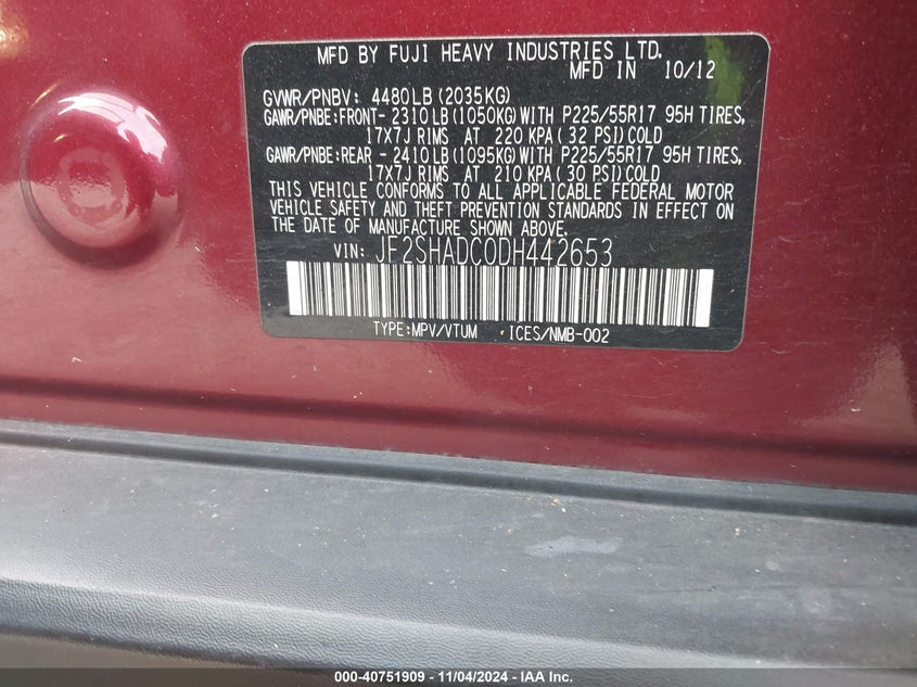 2013 SUBARU FORESTER VIN: JF2SHADC0DH442653