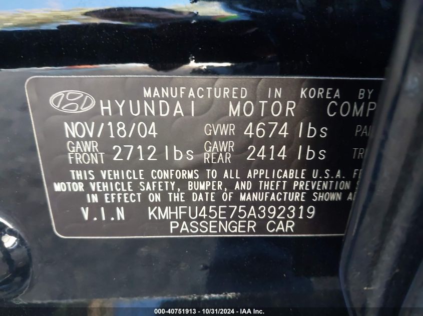 2005 Hyundai Xg350 L VIN: KMHFU45E75A392319 Lot: 40751913