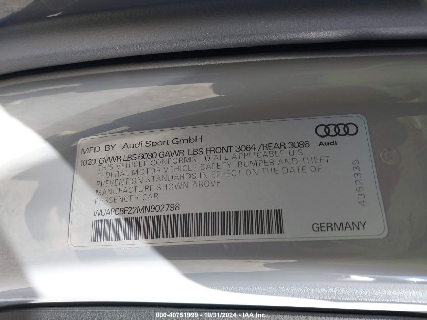 2021 Audi Rs 7 Sportback Tfsi Quattro Tiptronic VIN: WUAPCBF22MN902798 Lot: 40751999