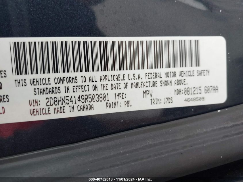 2009 Dodge Grand Caravan Sxt VIN: 2D8HN54149R503801 Lot: 40752018