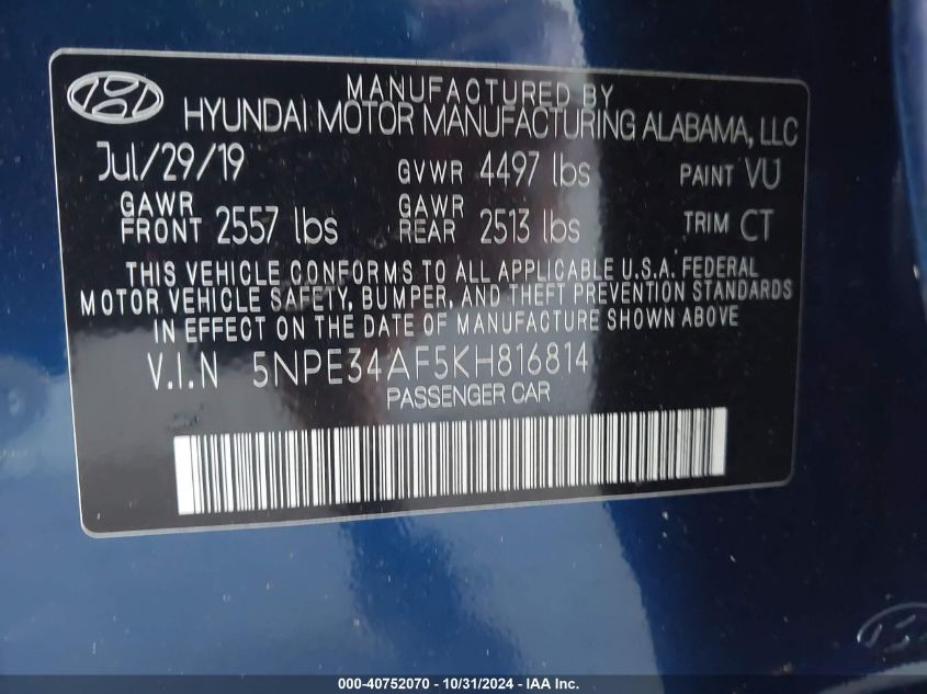 2019 Hyundai Sonata Sport VIN: 5NPE34AF5KH816814 Lot: 40752070