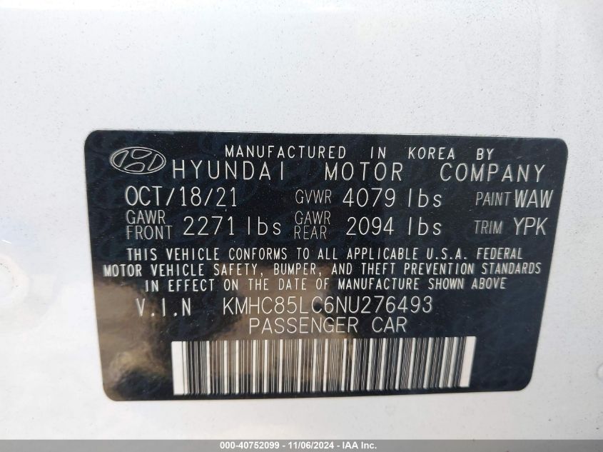 2022 Hyundai Ioniq Hybrid Sel VIN: KMHC85LC6NU276493 Lot: 40752099