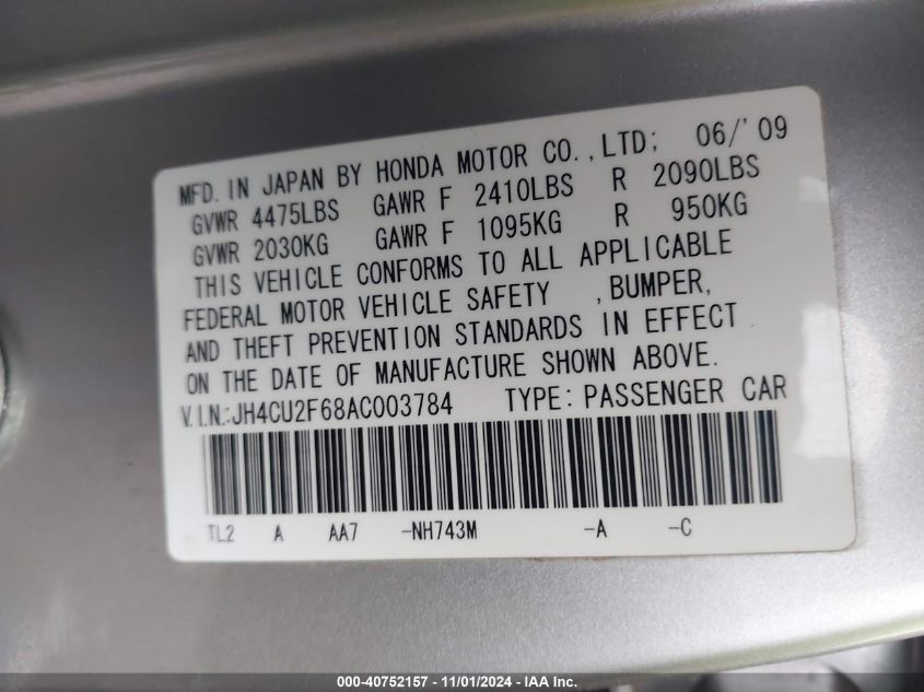 2010 Acura Tsx 2.4 VIN: JH4CU2F68AC003784 Lot: 40752157