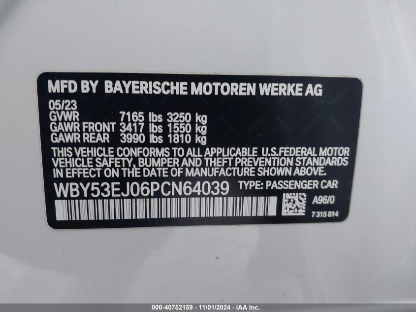 2023 BMW I7 xDrive60 VIN: WBY53EJ06PCN64039 Lot: 40752159