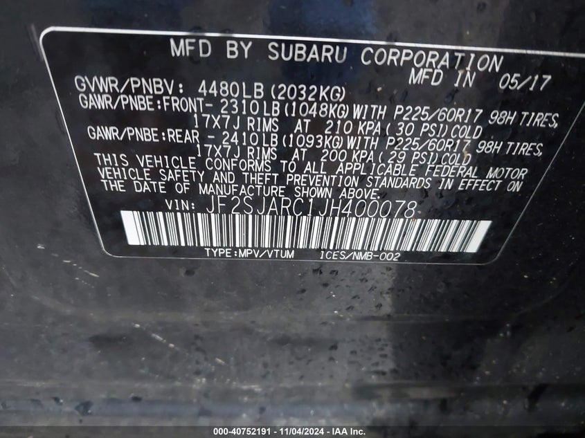 VIN JF2SJARC1JH400078 2018 SUBARU FORESTER 2.5I LIMITED