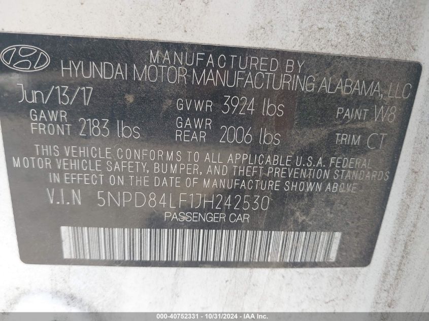 VIN 5NPD84LF1JH242530 2018 HYUNDAI ELANTRA no.9