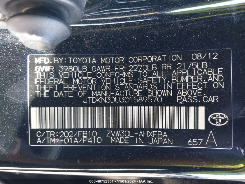 2012 Toyota Prius Two VIN: JTDKN3DU3C1589570 Lot: 40752351