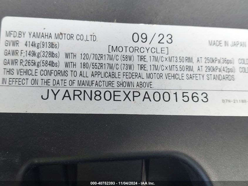 2023 Yamaha Mtm890 VIN: JYARN80EXPA001563 Lot: 40752393