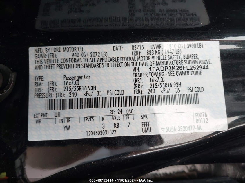 2015 FORD FOCUS SE - 1FADP3K26FL252944