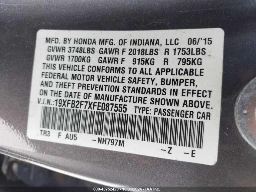 VIN 19XFB2F7XFE087555 2015 Honda Civic, SE no.9