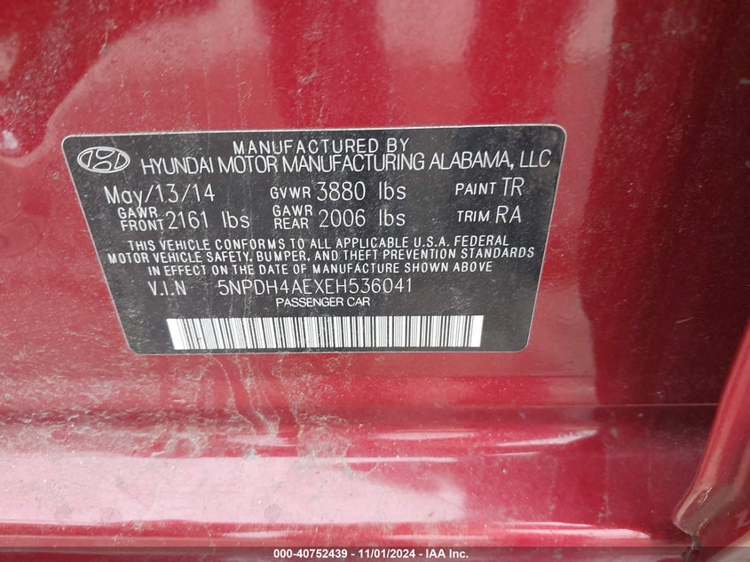 2014 Hyundai Elantra Se VIN: 5NPDH4AEXEH536041 Lot: 40752439