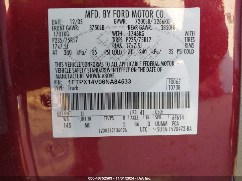 2006 Ford F-150 Fx4/Lariat/Xl/Xlt VIN: 1FTPX14V06NA84533 Lot: 40752509