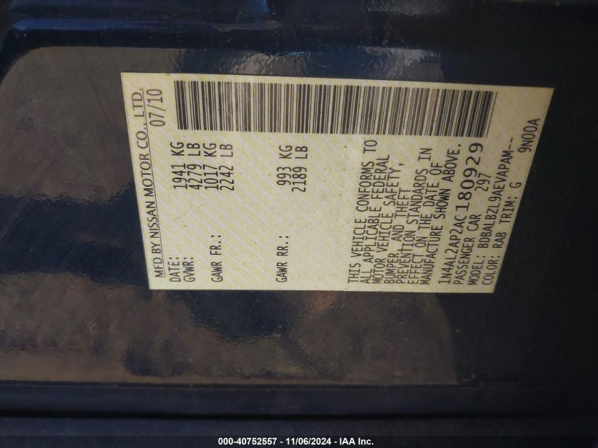 2010 Nissan Altima 2.5 S VIN: 1N4AL2AP2AC180929 Lot: 40752557