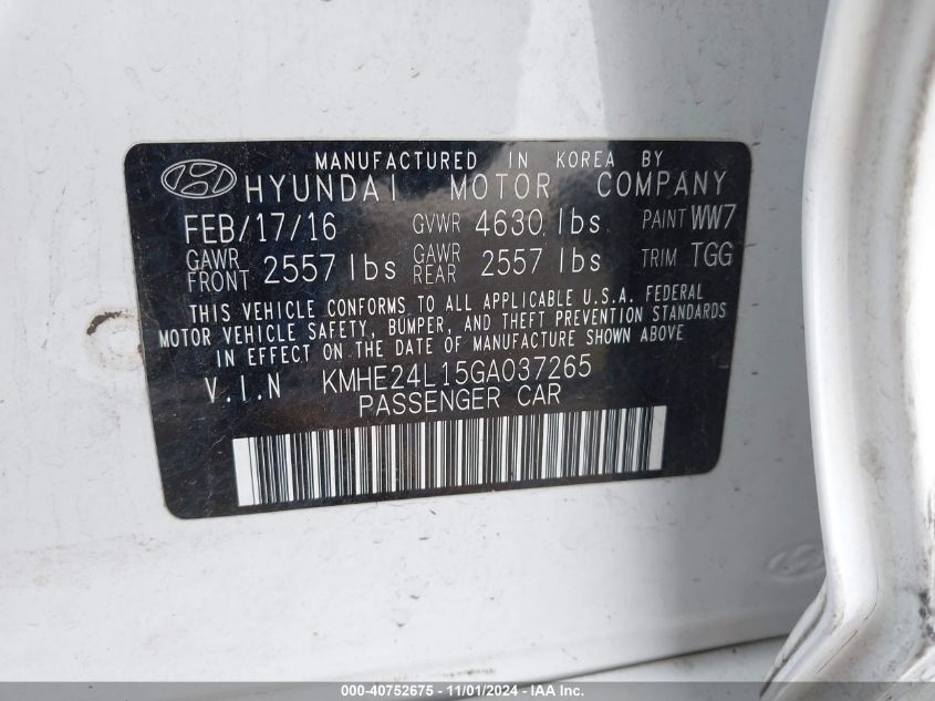 2016 Hyundai Sonata Hybrid Se VIN: KMHE24L15GA037265 Lot: 40752675