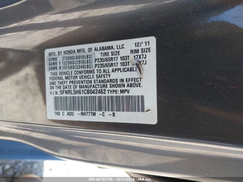 2012 Honda Odyssey Ex-L VIN: 5FNRL5H61CB042462 Lot: 40752700