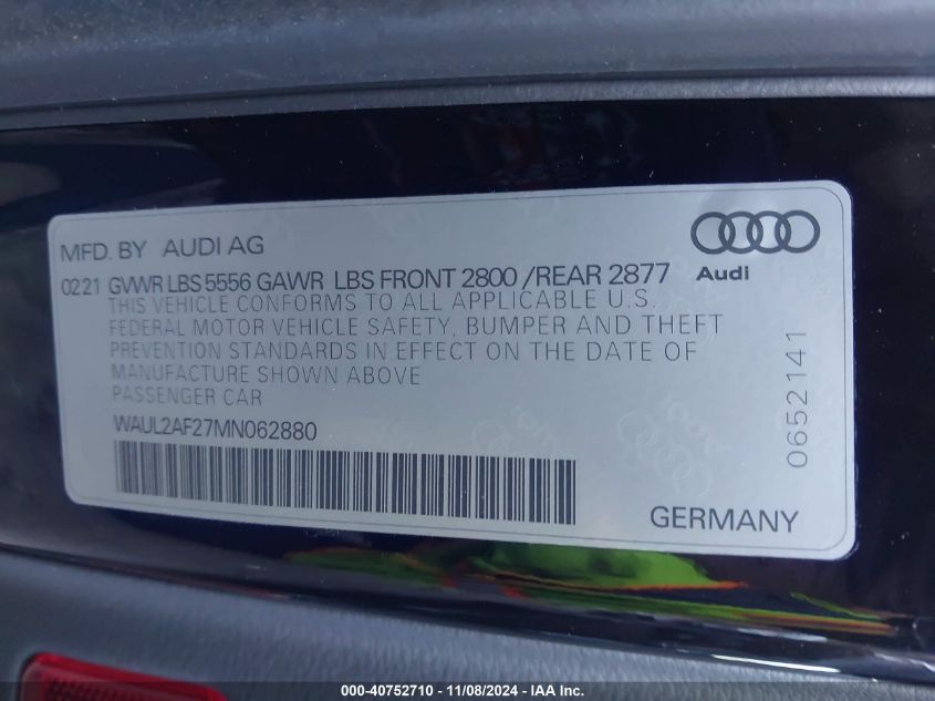 2021 Audi A6 Premium Plus VIN: WAUL2AF27MN062880 Lot: 40752710