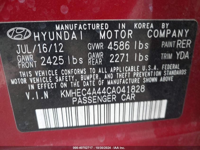 2012 Hyundai Sonata Hybrid VIN: KMHEC4A44CA041828 Lot: 40752717