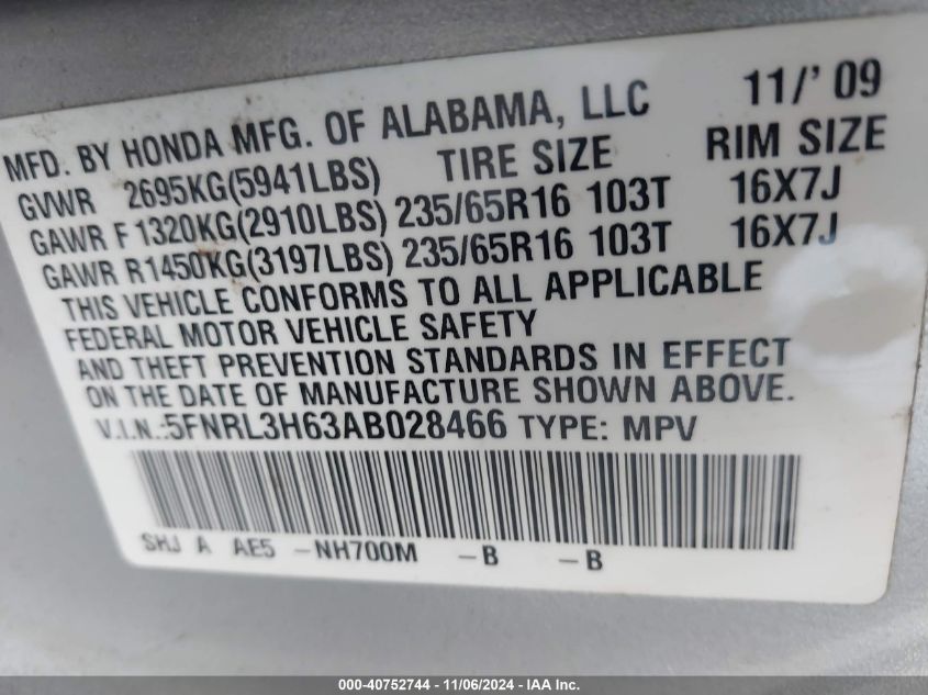 2010 Honda Odyssey Ex-L VIN: 5FNRL3H63AB028466 Lot: 40752744