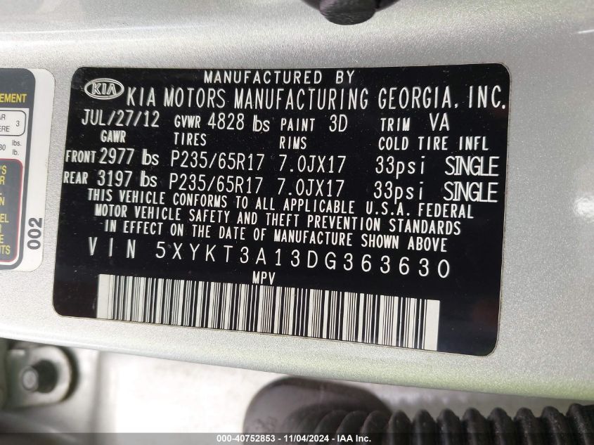 2013 Kia Sorento Lx VIN: 5XYKT3A13DG363630 Lot: 40752853