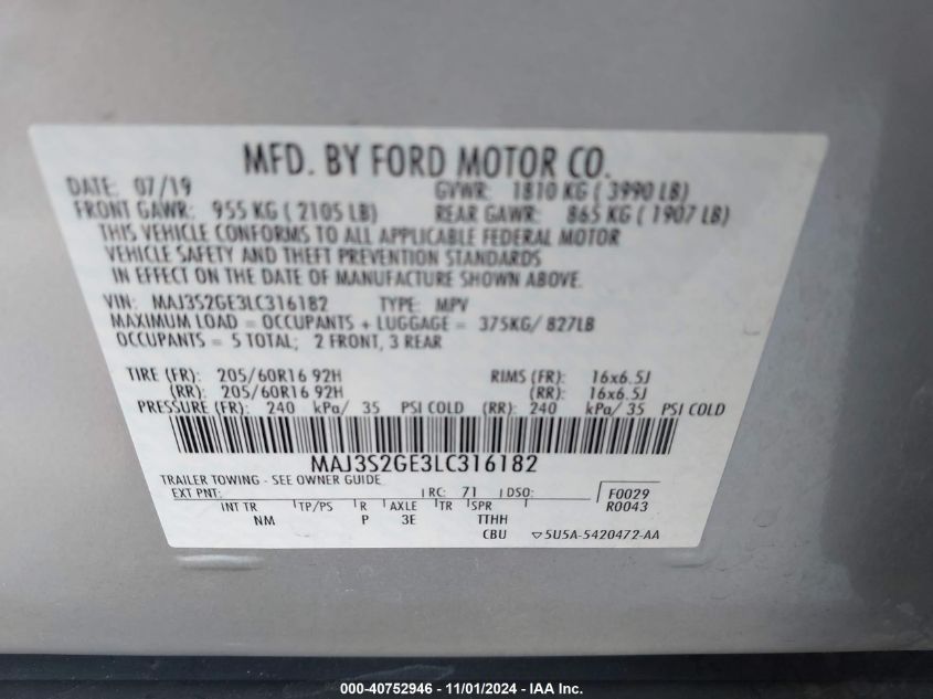 2020 Ford Ecosport Se VIN: MAJ3S2GE3LC316182 Lot: 40752946