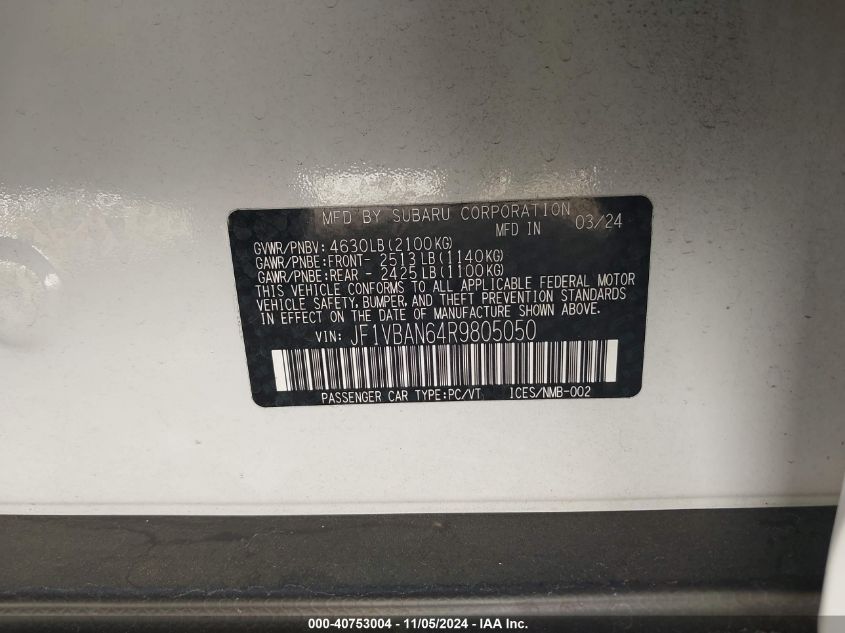 VIN JF1VBAN64R9805050 2024 SUBARU WRX LIMITED