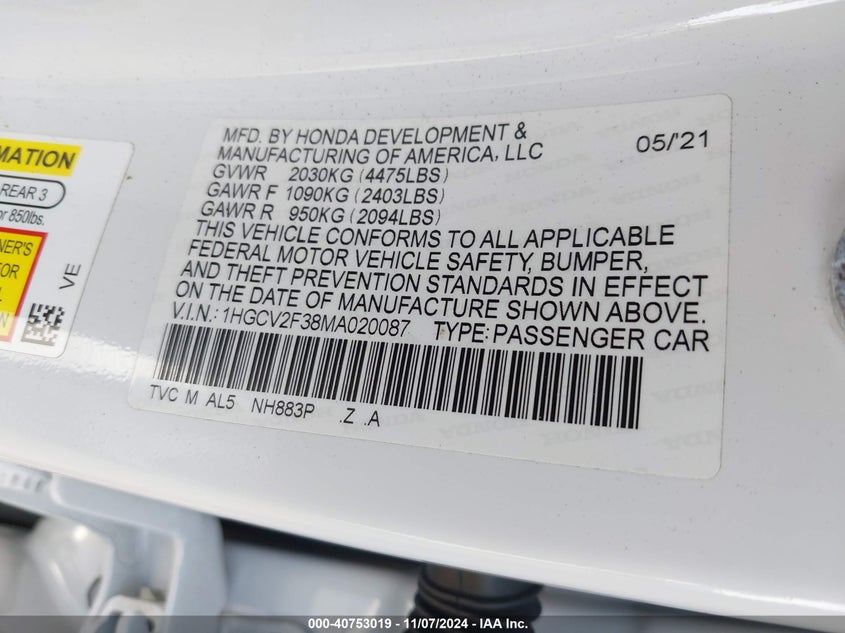 2021 HONDA ACCORD SPORT 2.0T - 1HGCV2F38MA020087