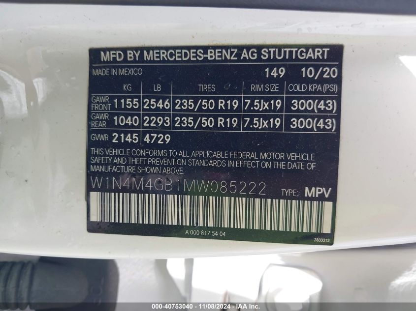 2021 Mercedes-Benz Glb 250 VIN: W1N4M4GB1MW085222 Lot: 40753040