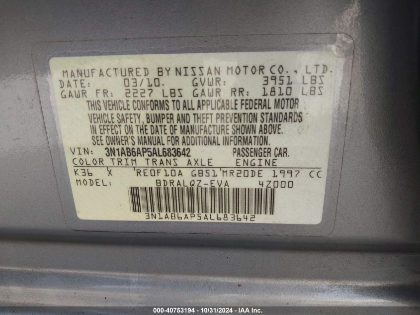 2010 Nissan Sentra 2.0 VIN: 3N1AB6AP5AL683642 Lot: 40753194