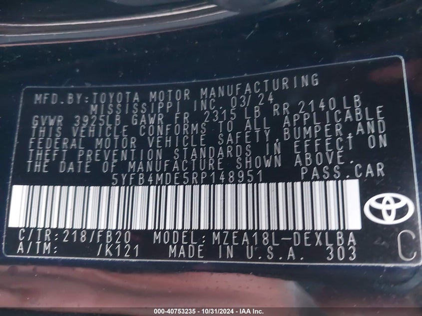 2024 TOYOTA COROLLA LE - 5YFB4MDE5RP148951