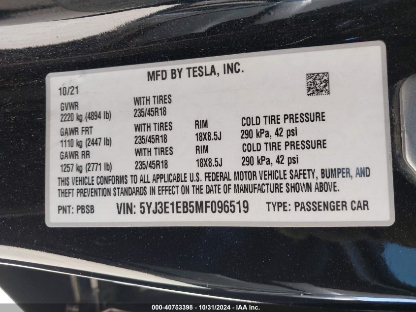 2021 Tesla Model 3 Long Range Dual Motor All-Wheel Drive VIN: 5YJ3E1EB5MF096519 Lot: 40753398