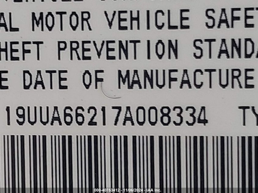 2007 Acura Tl 3.2 VIN: 19UUA66217A008334 Lot: 40753412