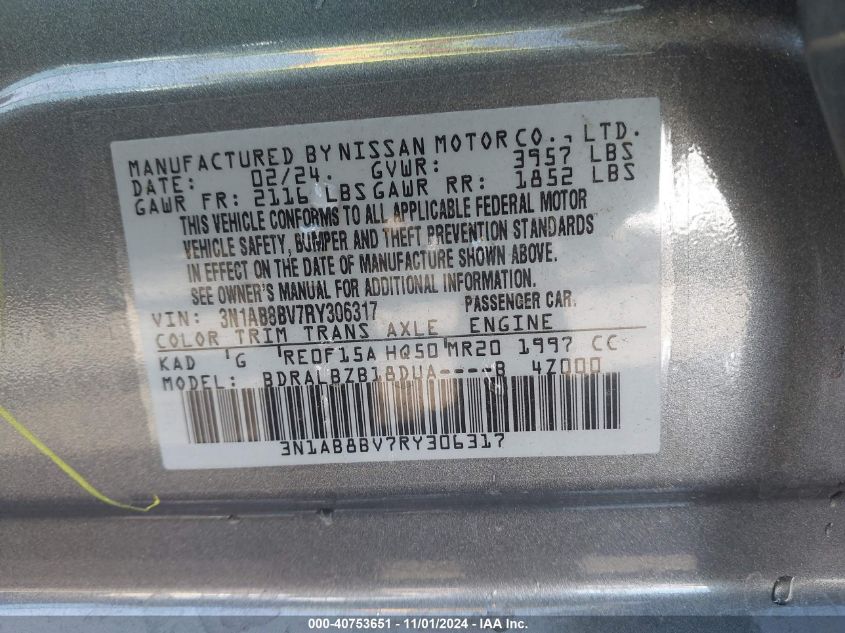 2024 Nissan Sentra S Xtronic Cvt VIN: 3N1AB8BV7RY306317 Lot: 40753651