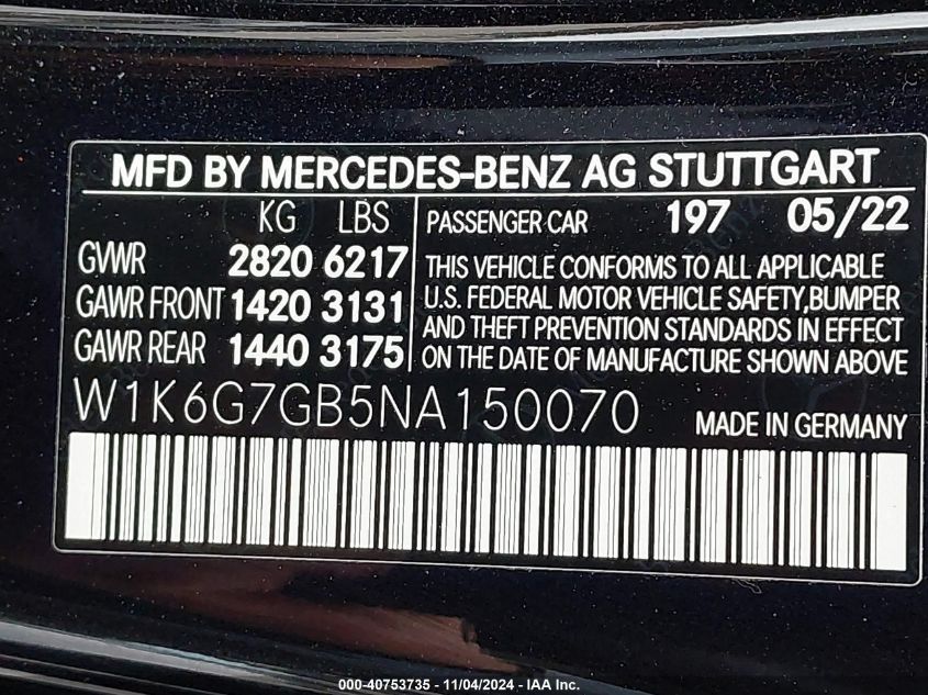 2022 Mercedes-Benz S 580 4Matic VIN: W1K6G7GB5NA150070 Lot: 40753735