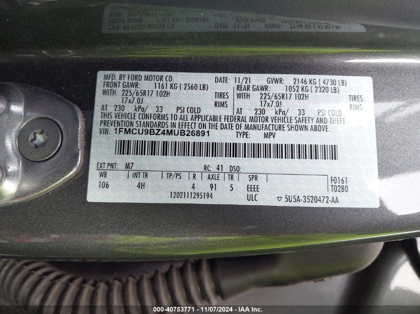 VIN 1FMCU9BZ4MUB26891 2021 FORD ESCAPE SE HYBRID