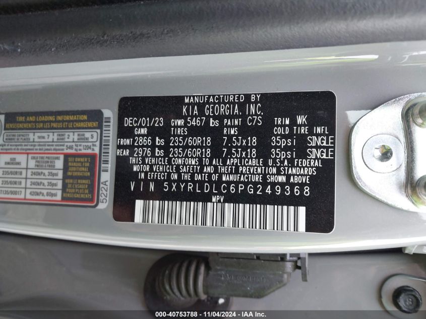 VIN 5XYRLDLC6PG249368 2023 KIA SORENTO no.9