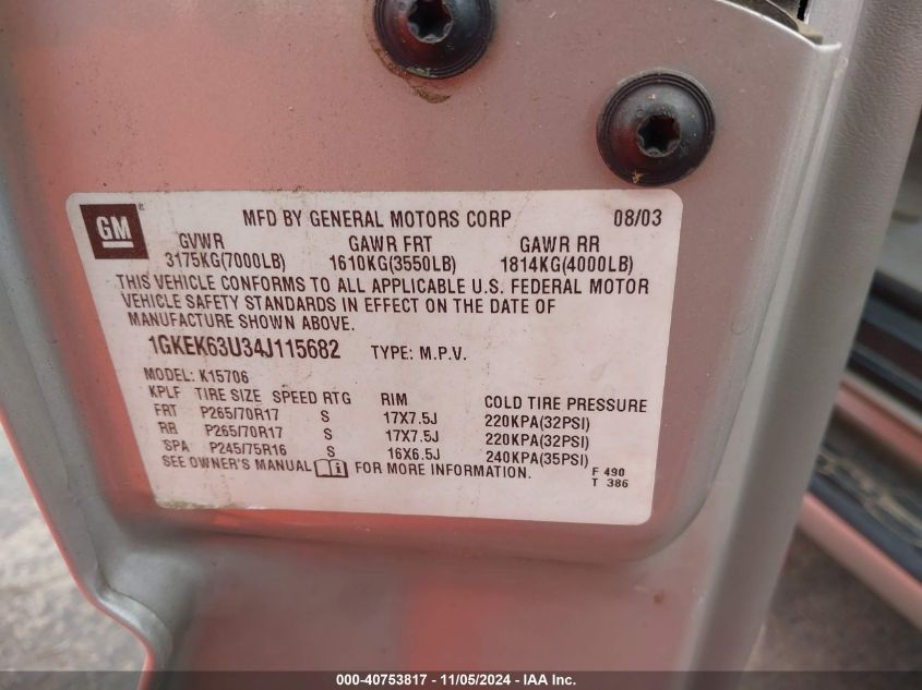 2004 GMC Yukon Denali VIN: 1GKEK63U34J115682 Lot: 40753817