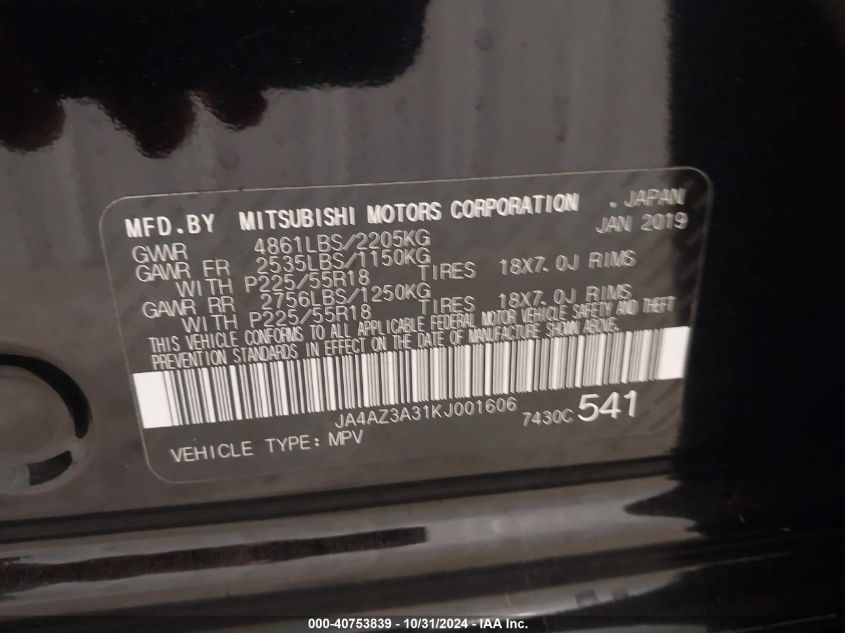 2019 Mitsubishi Outlander Sel VIN: JA4AZ3A31KJ001606 Lot: 40753839