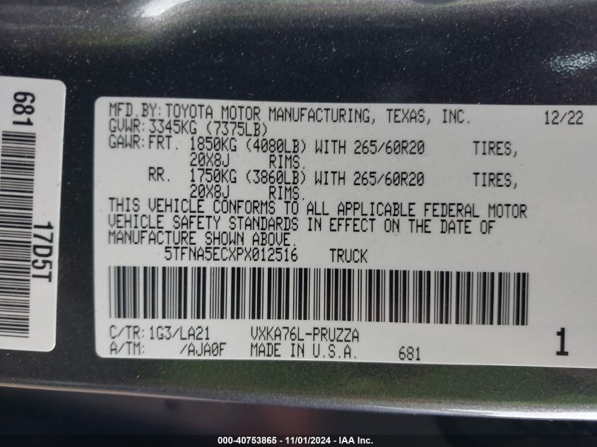 2023 Toyota Tundra Platinum VIN: 5TFNA5ECXPX012516 Lot: 40753865