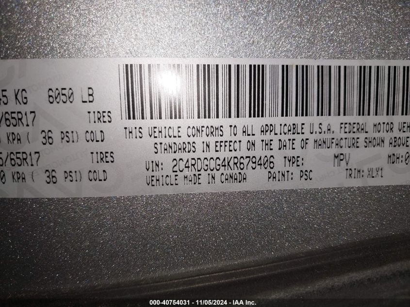 2019 Dodge Grand Caravan Sxt VIN: 2C4RDGCG4KR679406 Lot: 40754031