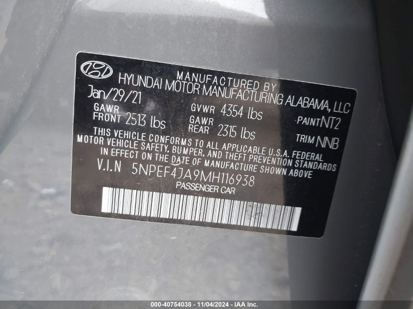 2021 Hyundai Sonata Sel VIN: 5NPEF4JA9MH116938 Lot: 40754038